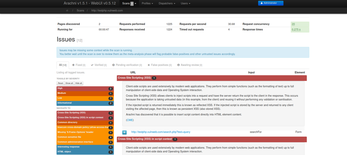 Scan Results in Arachni