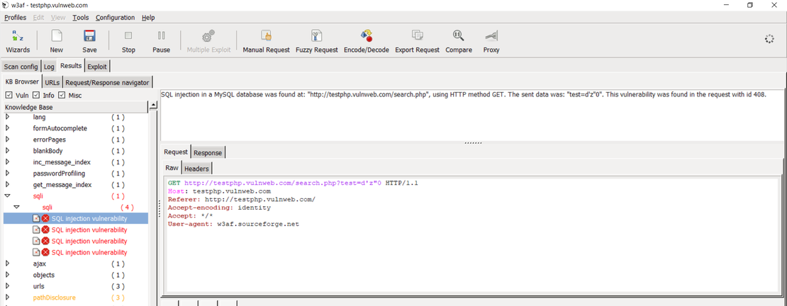 Scan Recults in W3af