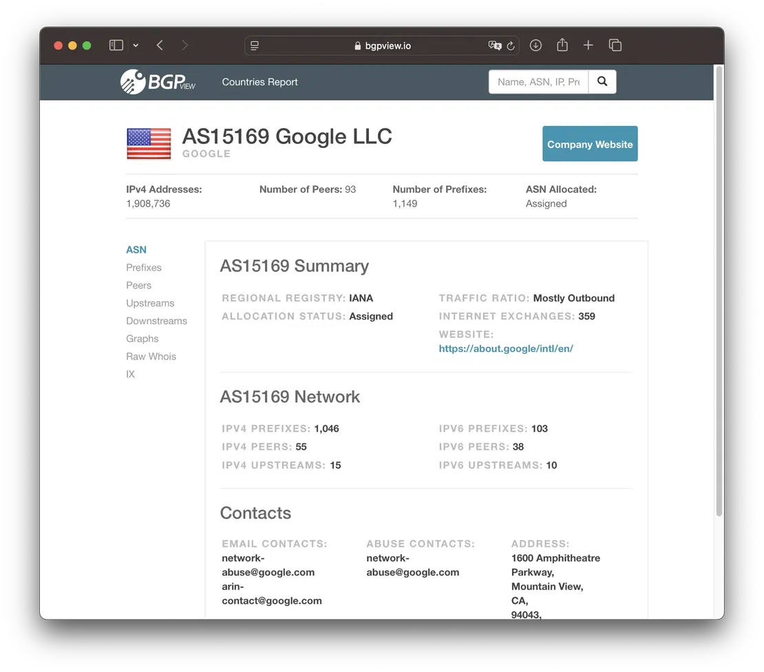 BGPView ASN detail page with country, prefixes, and peer map