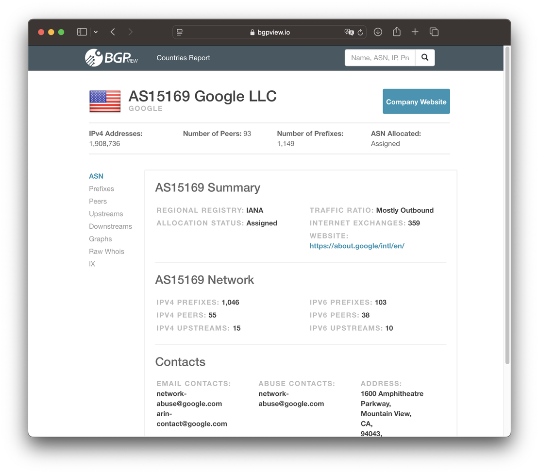BGPView ASN detail page with country, prefixes, and peer map