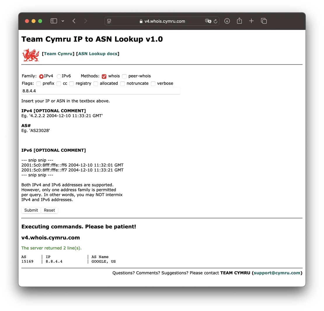 Cymru web tool with an IP query and resulting ASN info