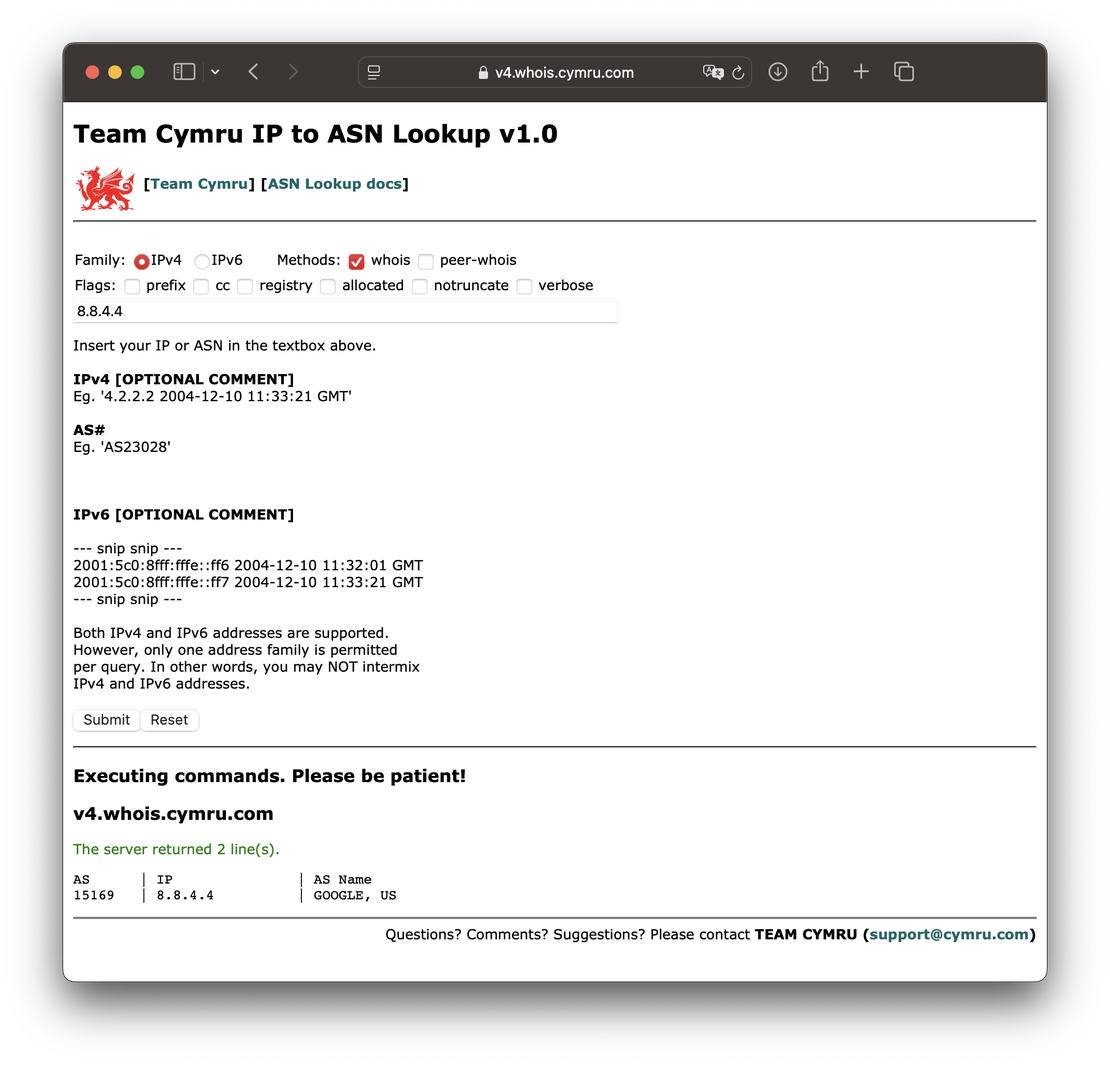 Cymru web tool with an IP query and resulting ASN info