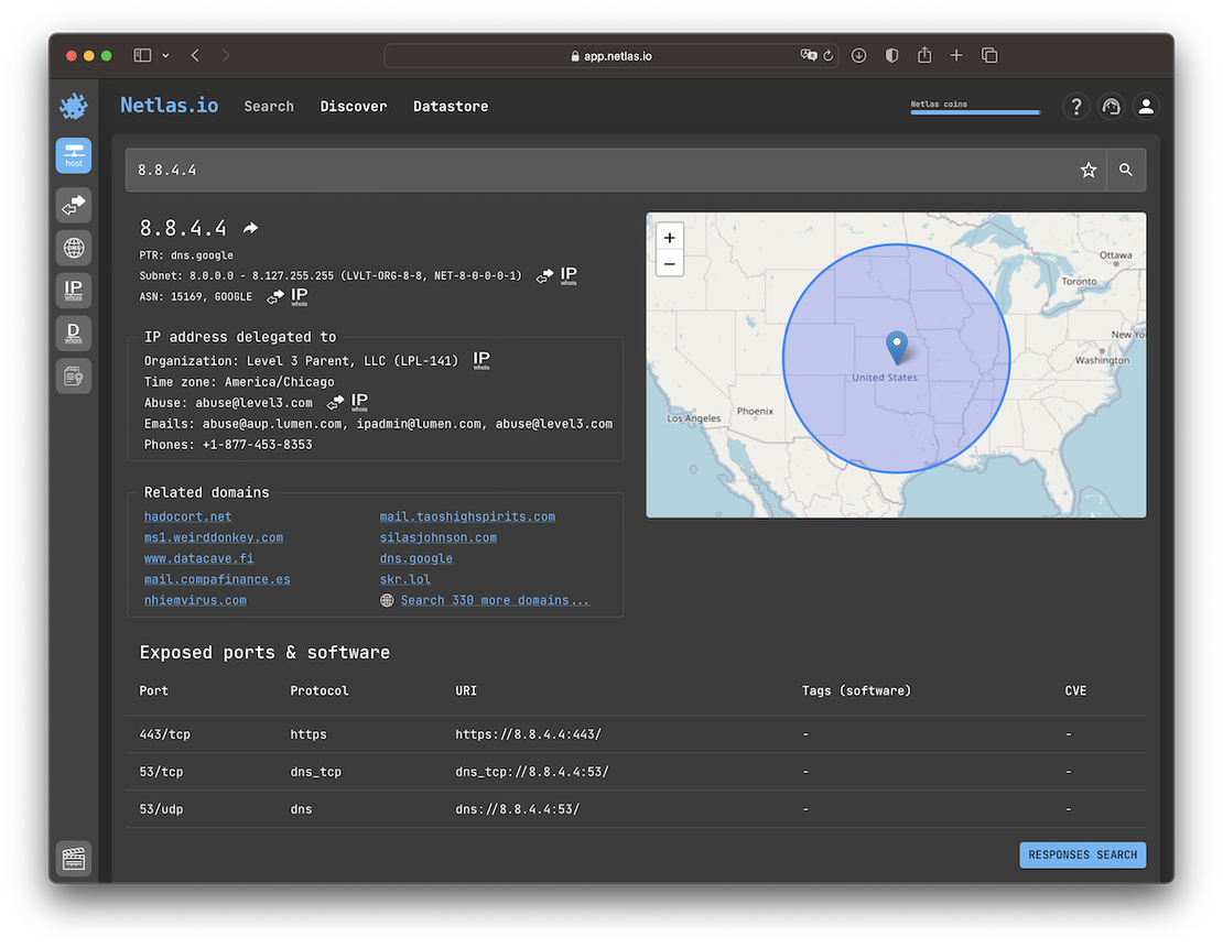 Netlas search result page showing ASN section for a target IP