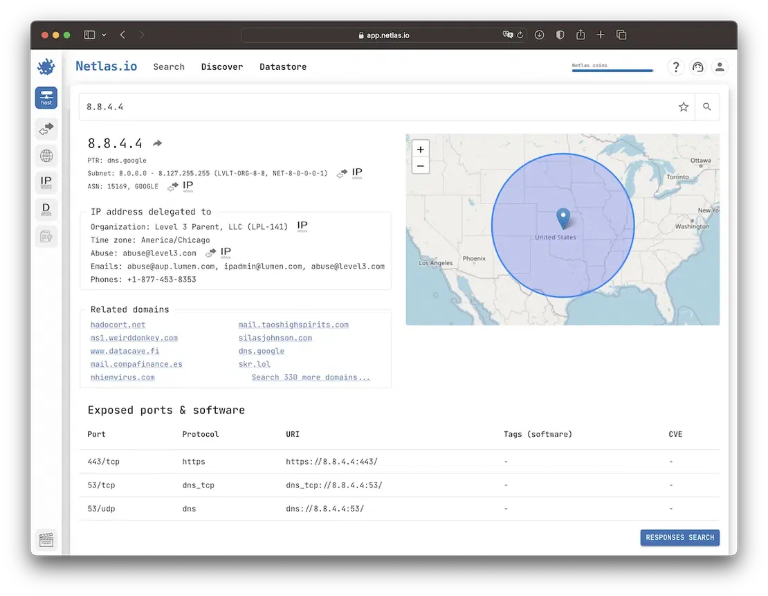 Netlas search result page showing ASN section for a target IP