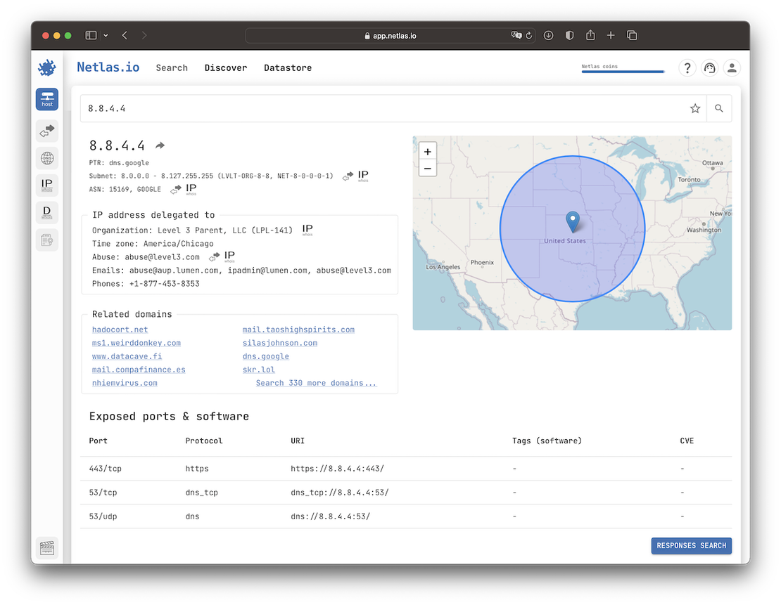 Netlas search result page showing ASN section for a target IP