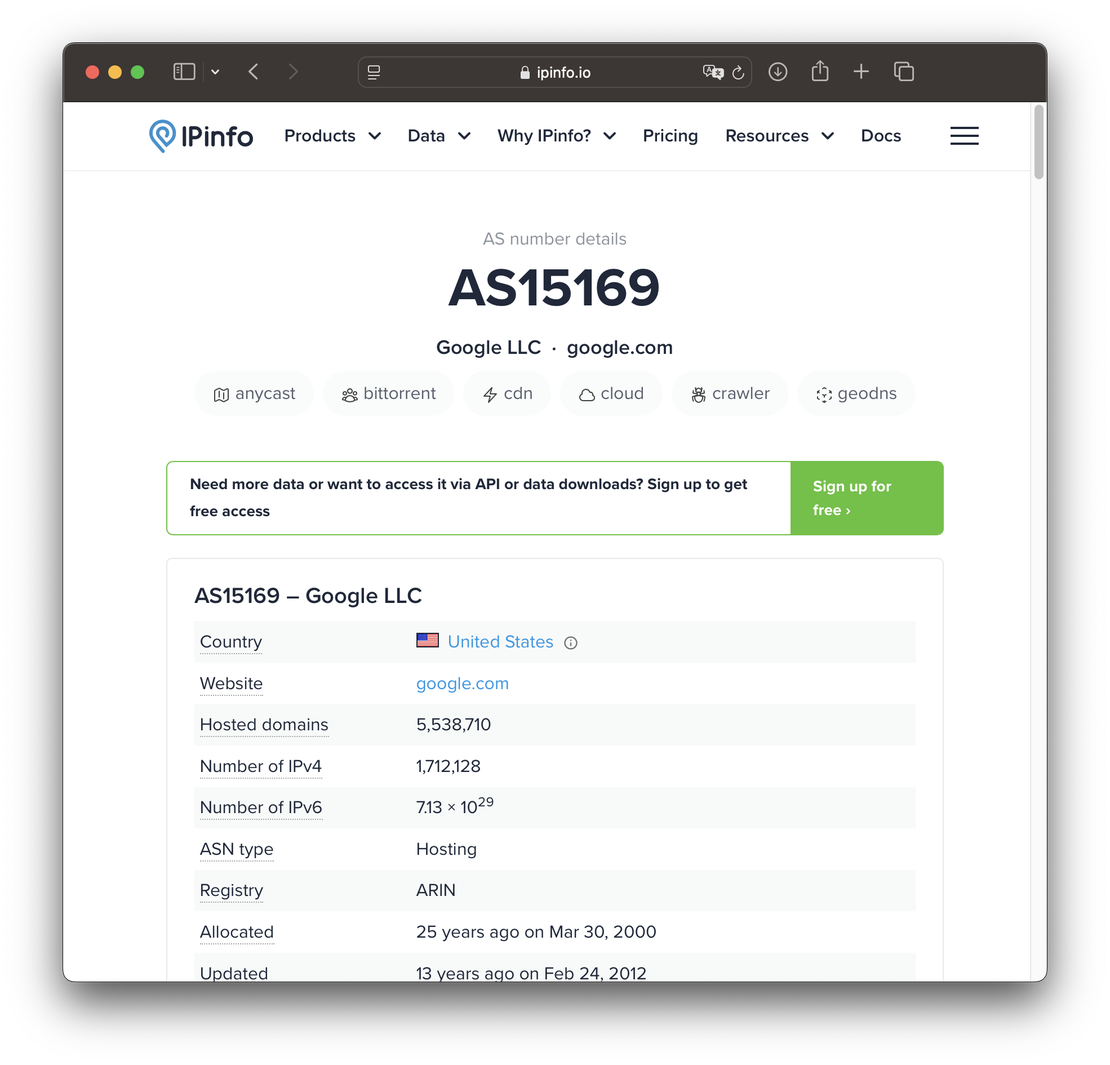 IPinfo result page showing ASN summary