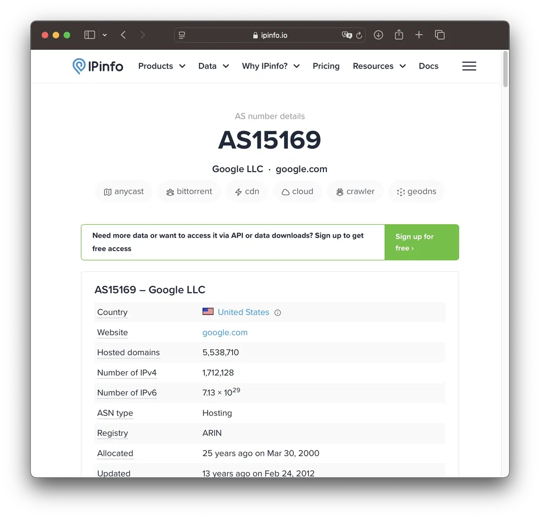 IPinfo result page showing ASN summary