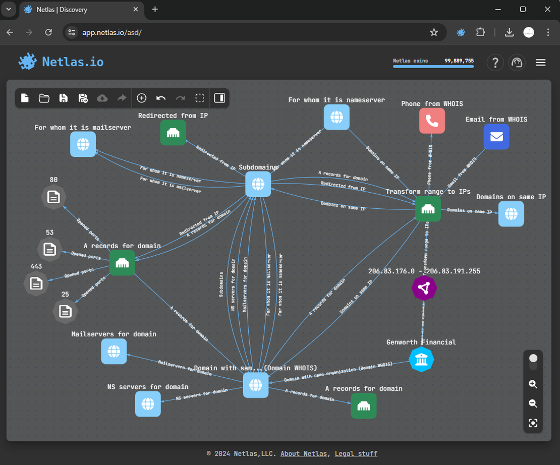 Full attack surface after all searches in Netlas Discovery Tool