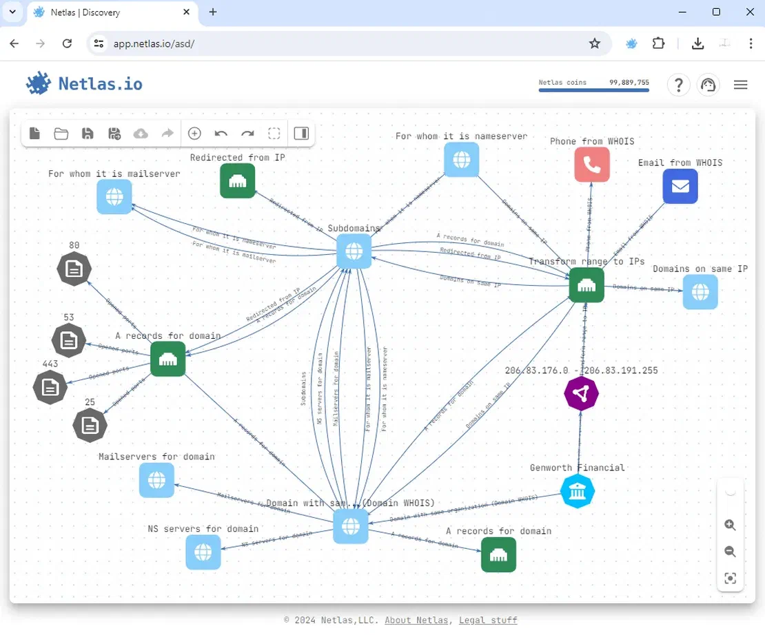 Full attack surface after all searches in Netlas Discovery Tool