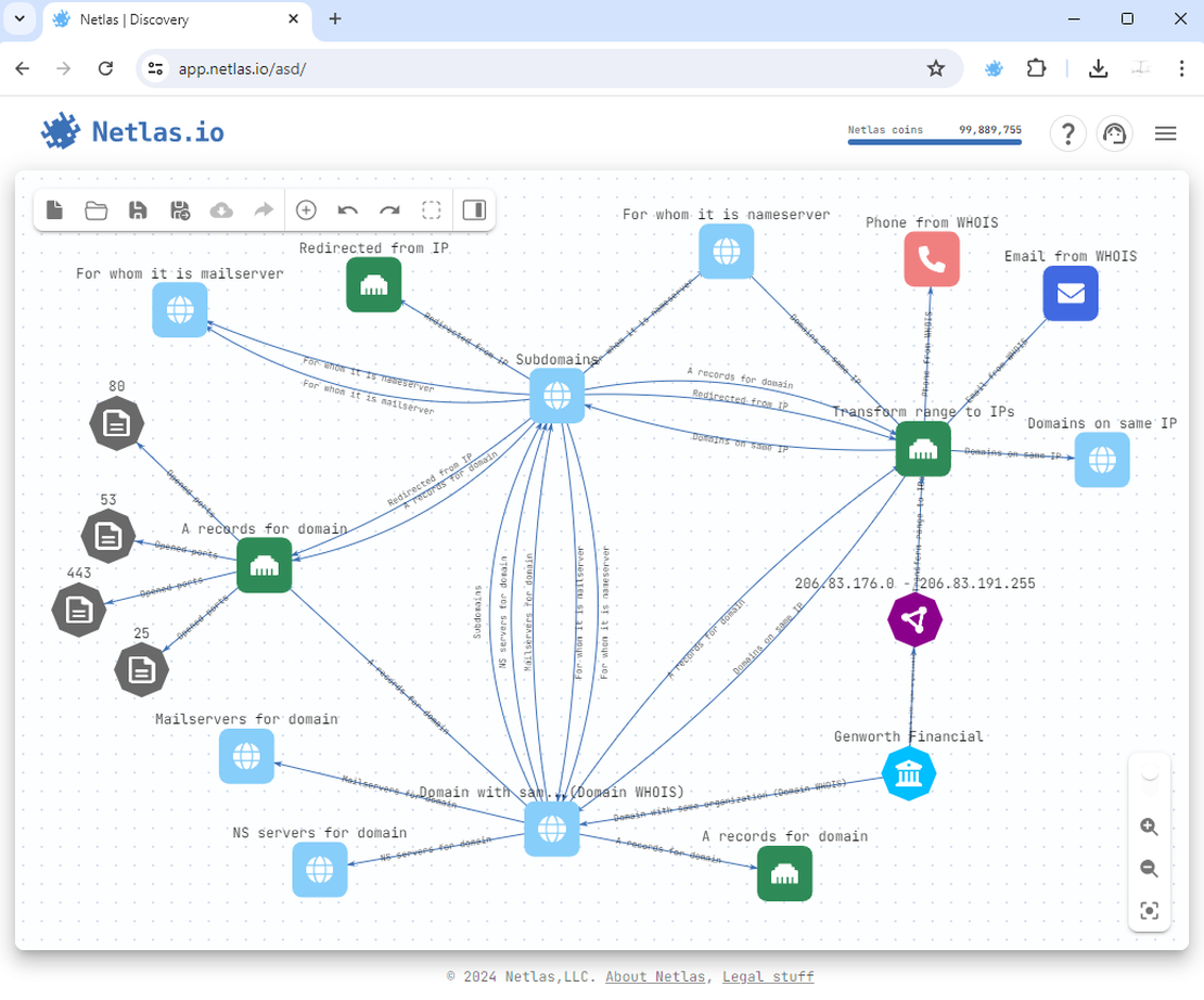 Full attack surface after all searches in Netlas Discovery Tool