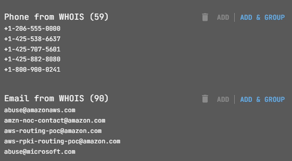Contacts search in Netlas Discovery Tool