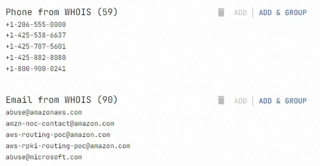 Contacts search in Netlas Discovery Tool
