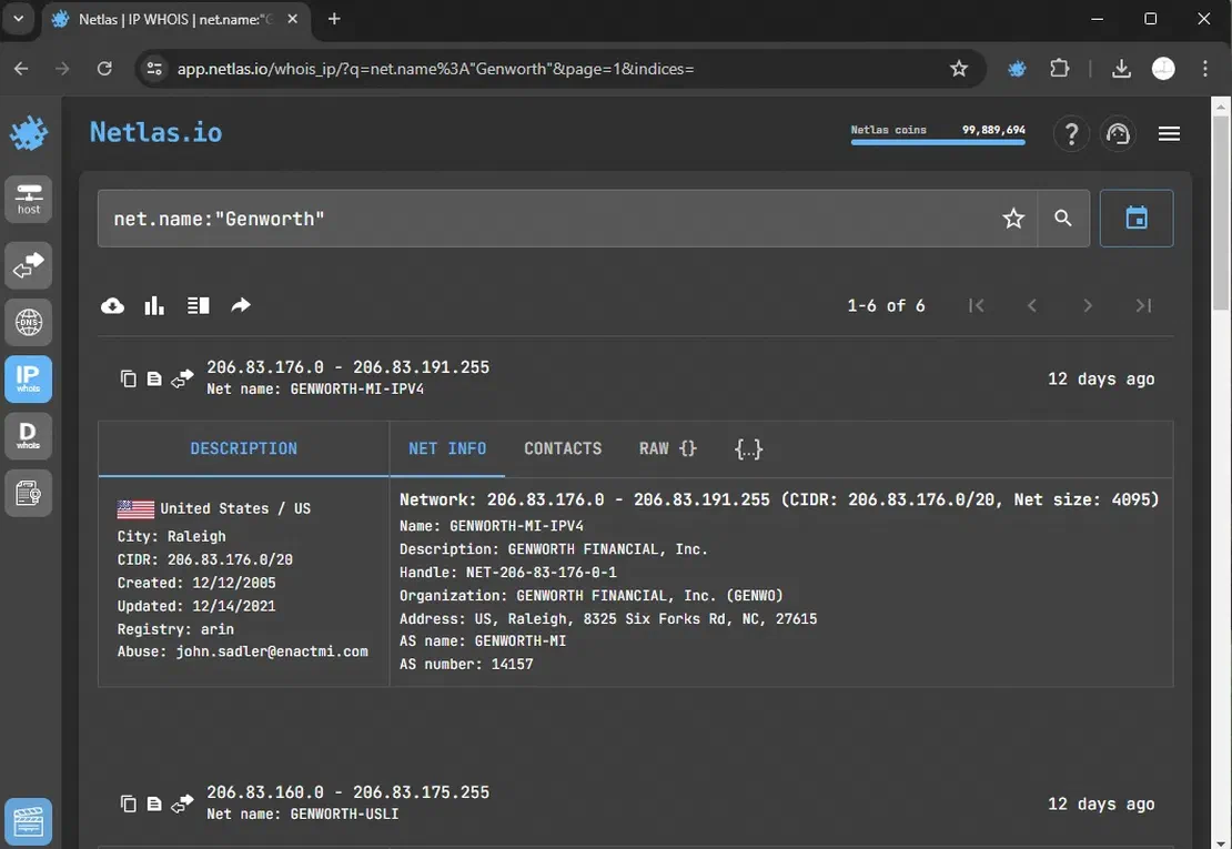 IP WHOIS tool search in Netlas Discovery Tool