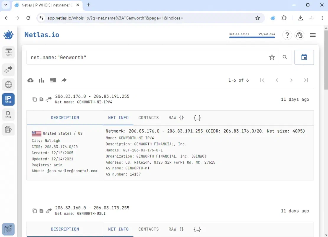 IP WHOIS tool search in Netlas Discovery Tool