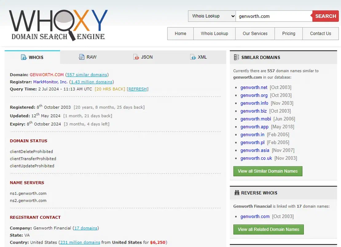 Company name search results from domain in whoxy.com
