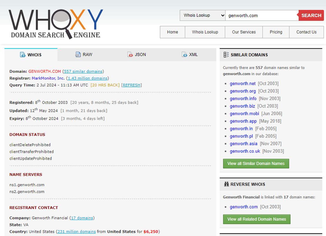 Company name search results from domain in whoxy.com