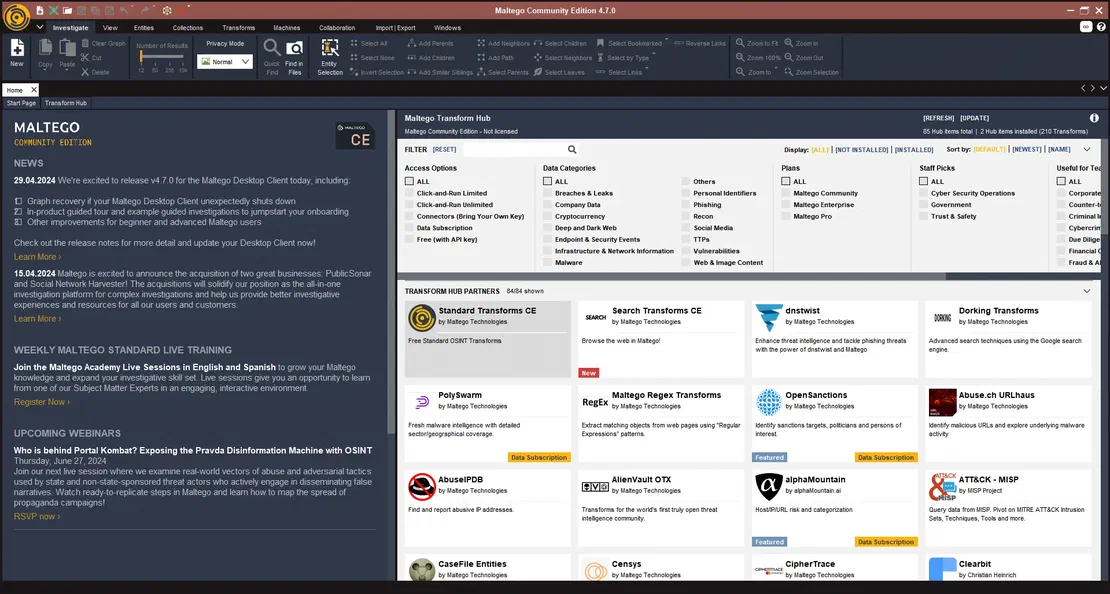 Maltego main page