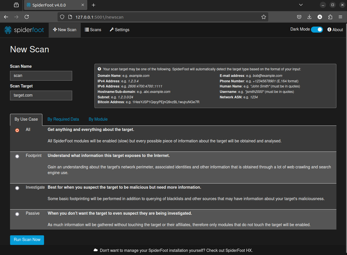 Creating new scan in SpiderFoot