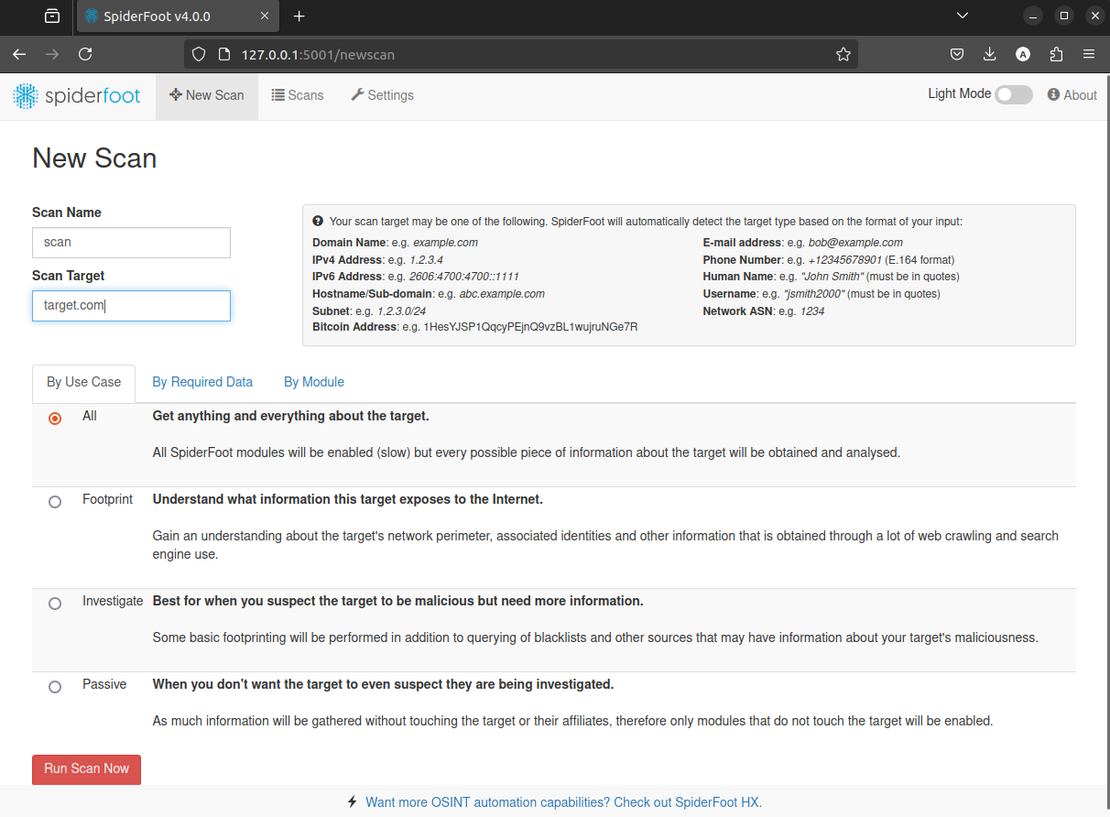 Creating new scan in SpiderFoot