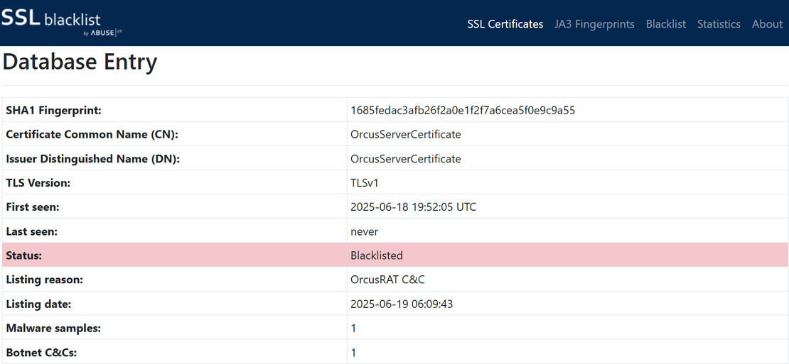 OrcusRAT Search on SSLBlacklist