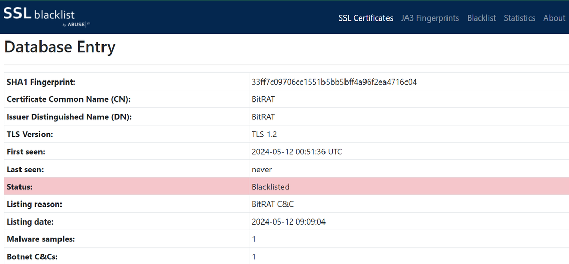 BitRAT Search on SSLBlacklist