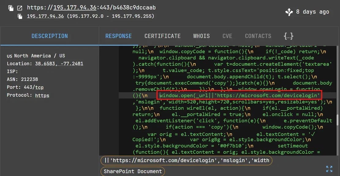 Legitimate Microsoft device login endpoint opened from the phishing page