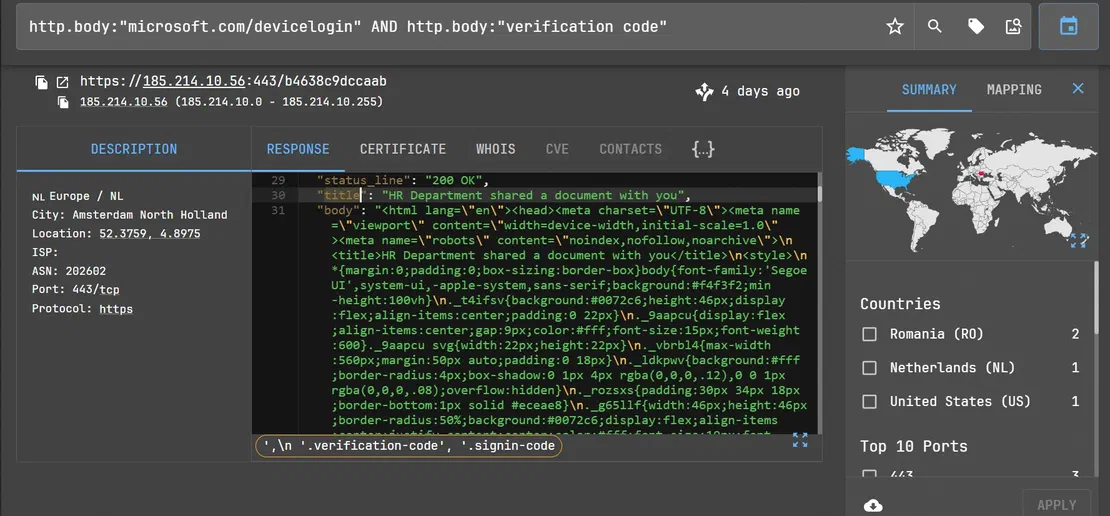 Refined Netlas query for broad device code phishing infrastructure discovery