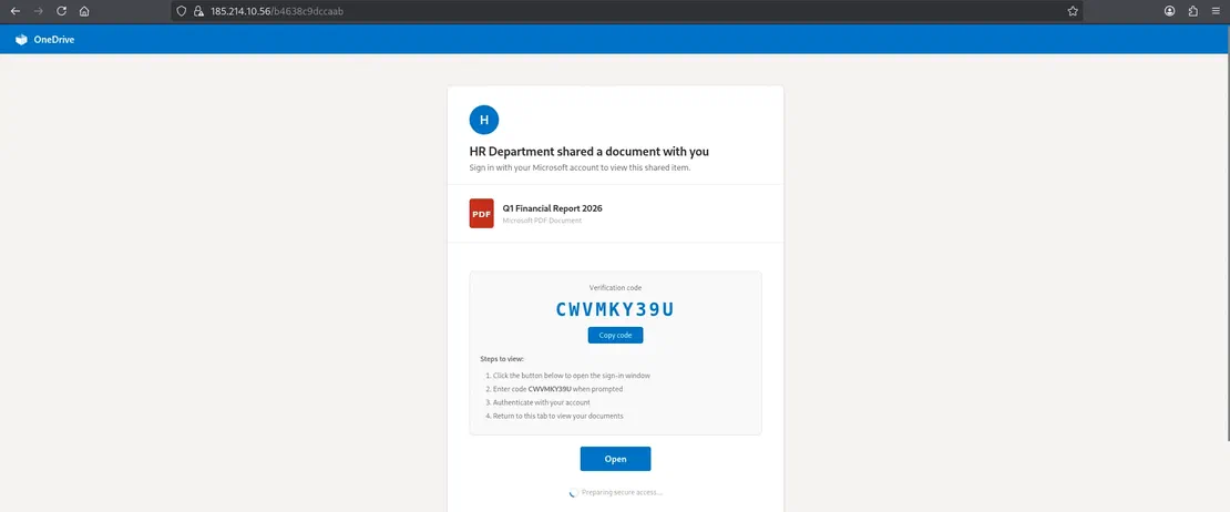 HR-themed OneDrive device code phishing page