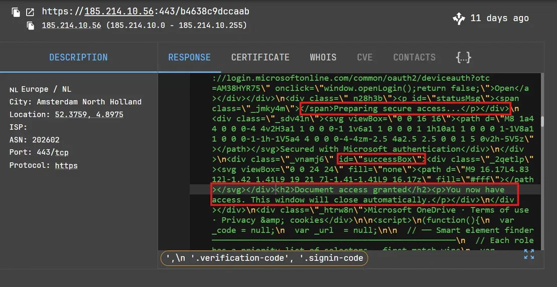 DOM analysis showing access granted state for 185.214.10[.]56