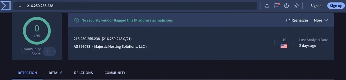 VirusTotal detection score for 216.250.255[.]238