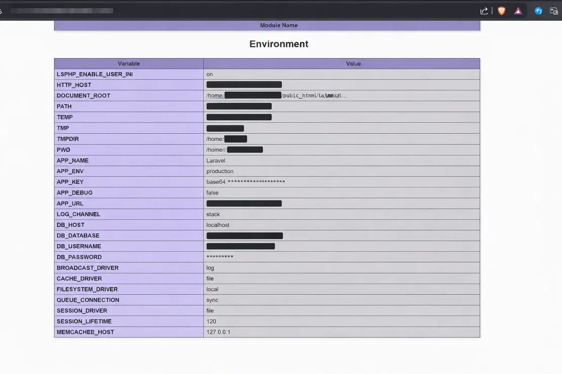 Laravel environment dump exposed in an HTTP response