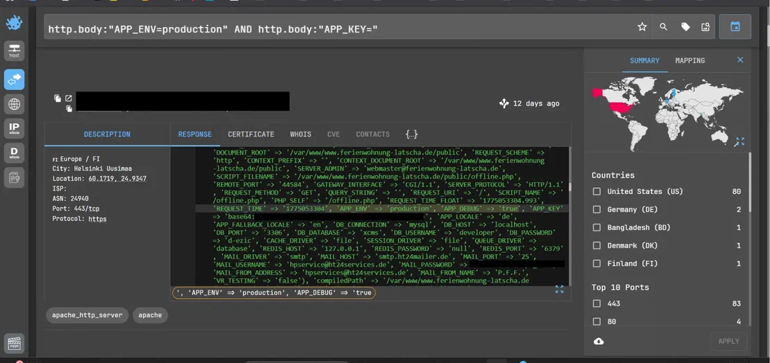 Exposed Laravel production environment configuration finding