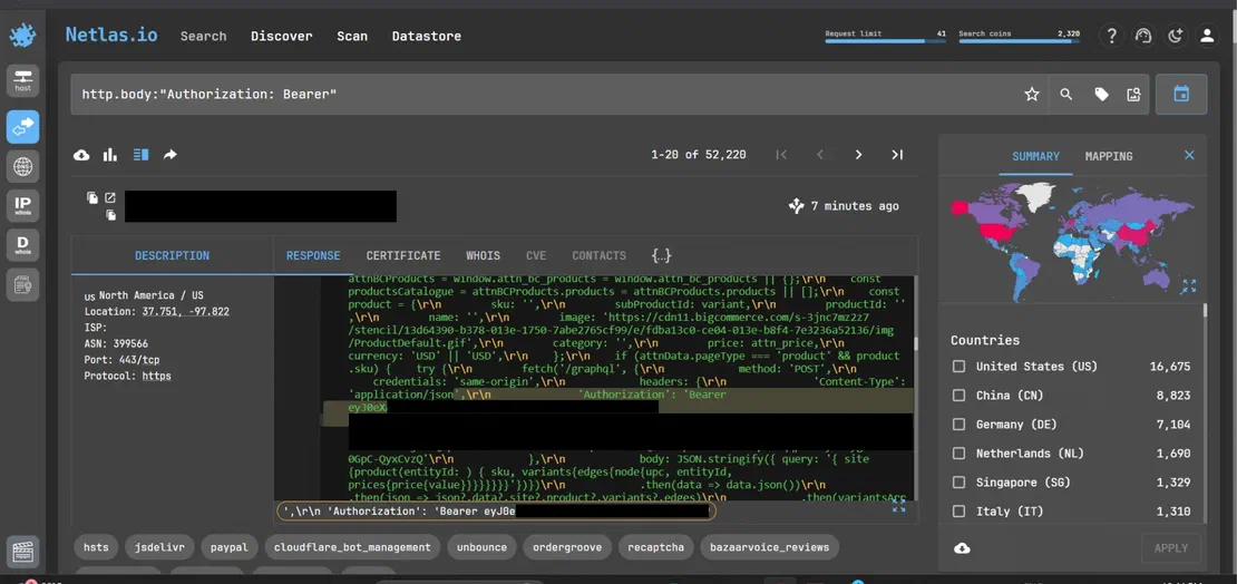 JWT bearer token embedded in client-side JavaScript