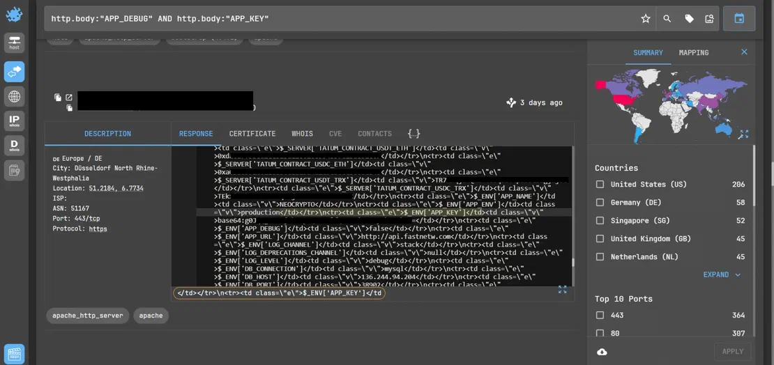 Debug dump exposing application secrets and infrastructure details