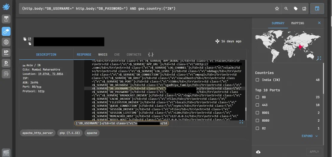 Case B database credentials exposure found with geolocation filtering