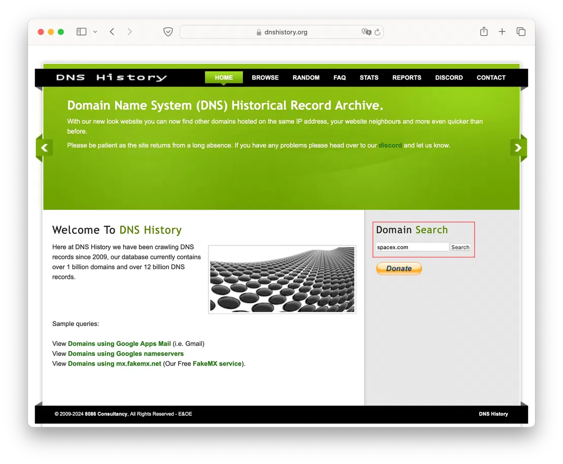 dnshistory main page