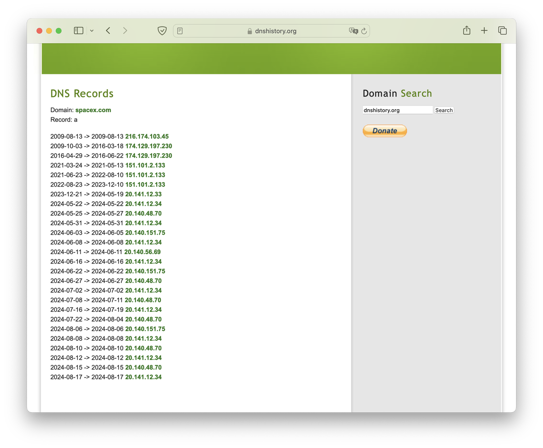 All A records for spacex.com in dnshistory