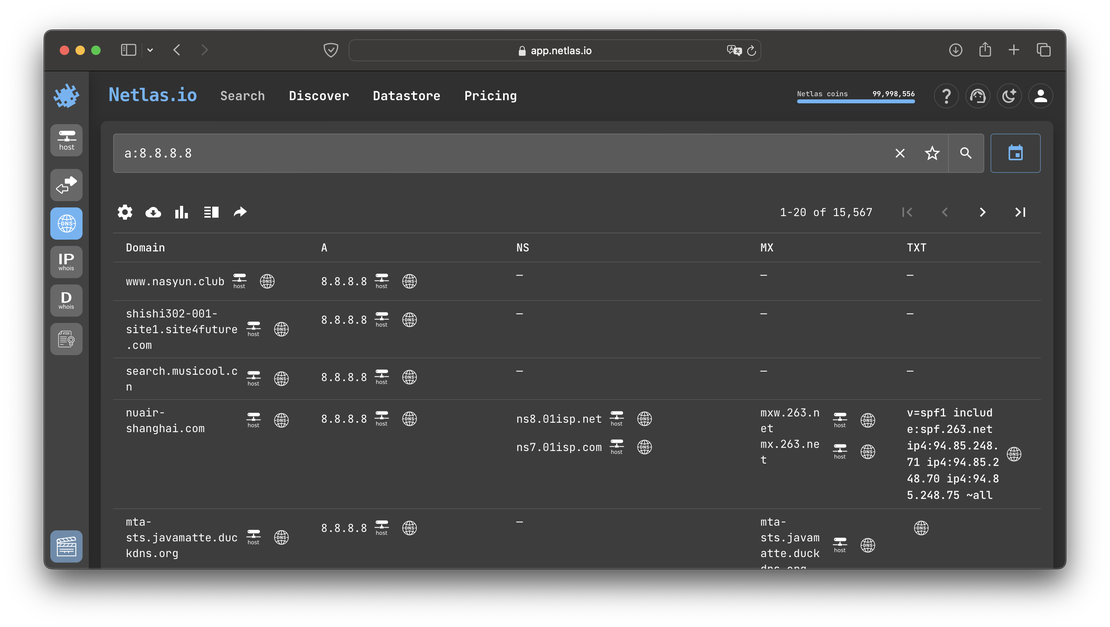 Domains with 8.8.8.8 in A records in 2024