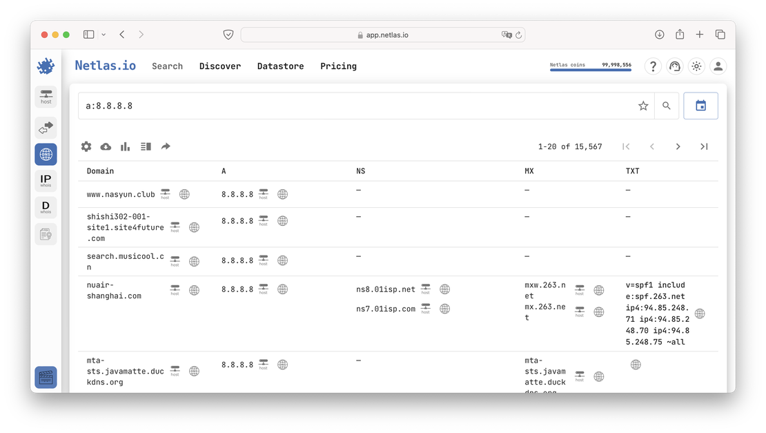 Domains with 8.8.8.8 in A records in 2024
