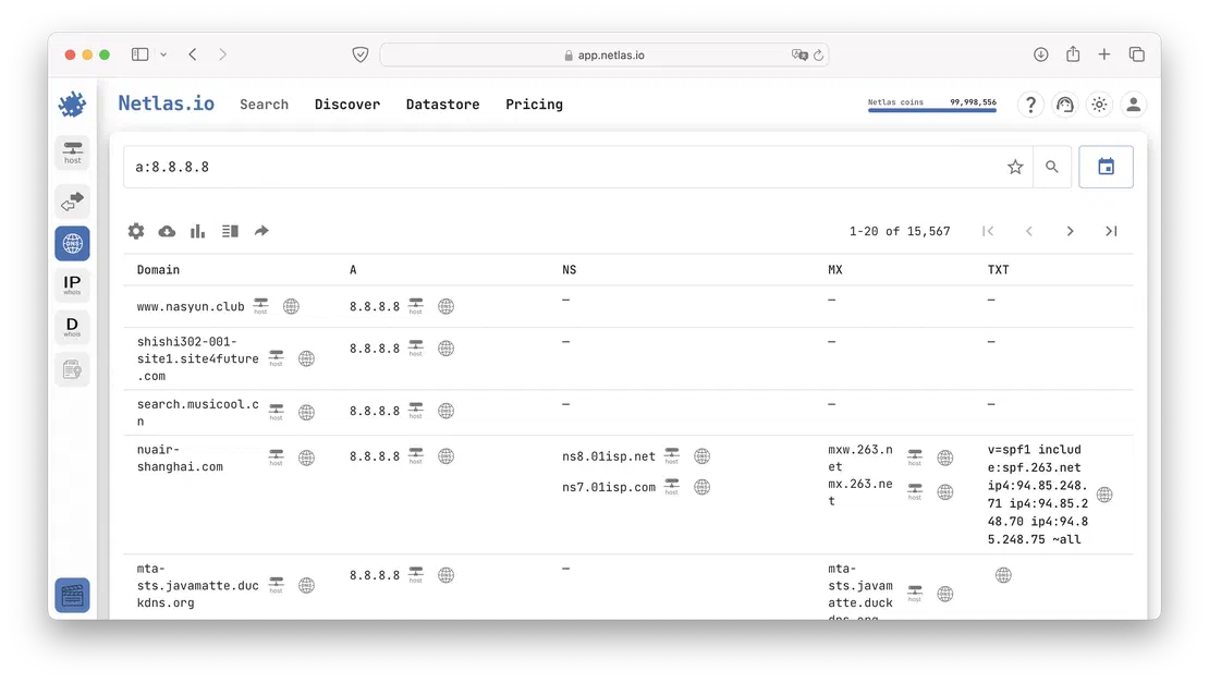 Domains with 8.8.8.8 in A records in 2024