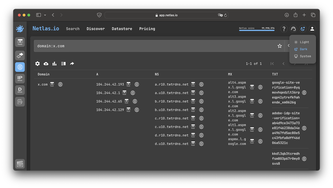 x.com search in Netlas&rsquo; DNS Tool
