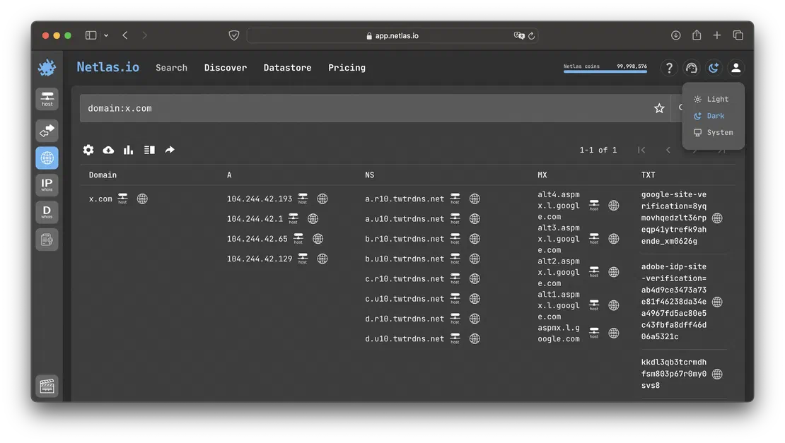 x.com search in Netlas&rsquo; DNS Tool