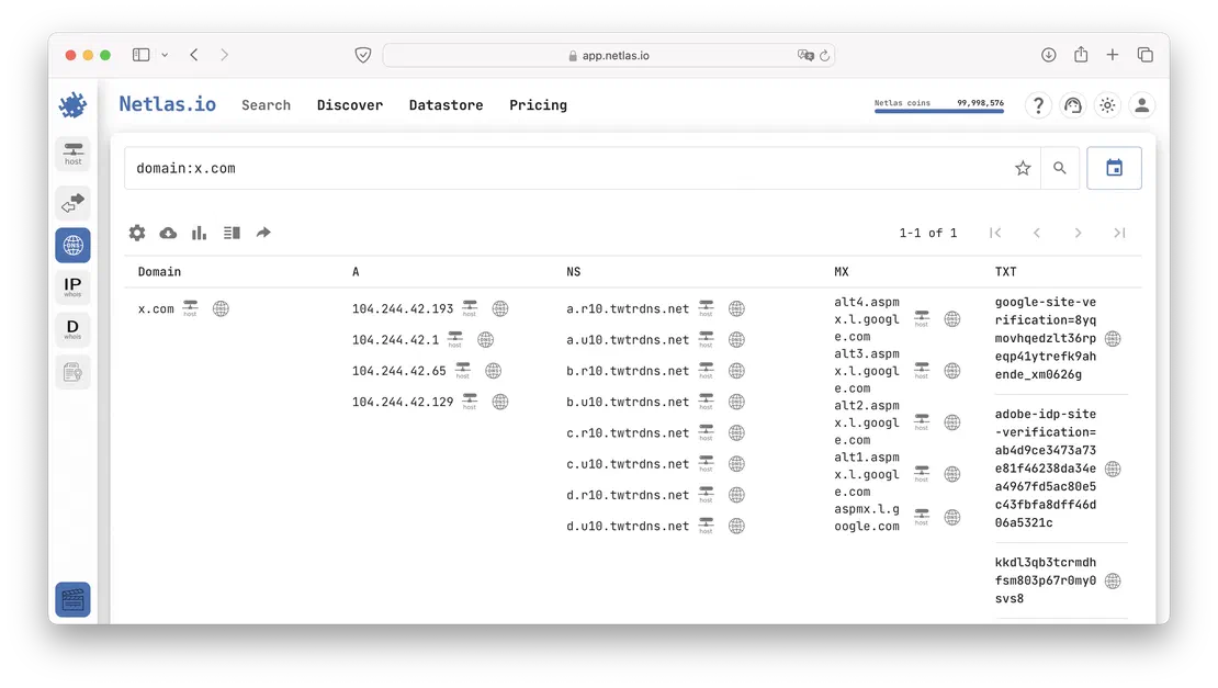 x.com search in Netlas&rsquo; DNS Tool