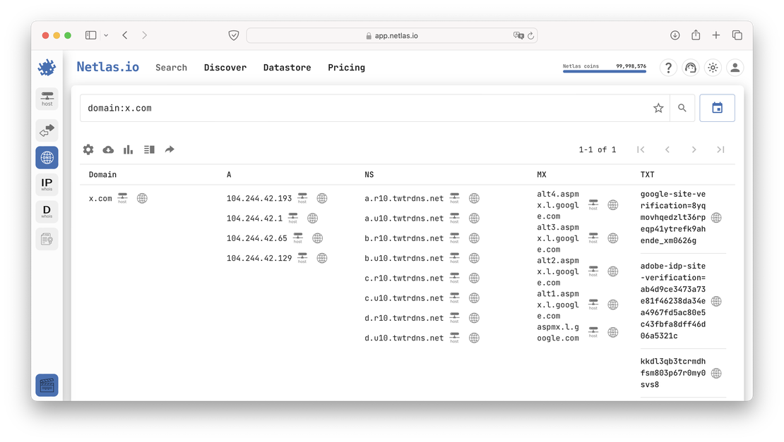 x.com search in Netlas&rsquo; DNS Tool