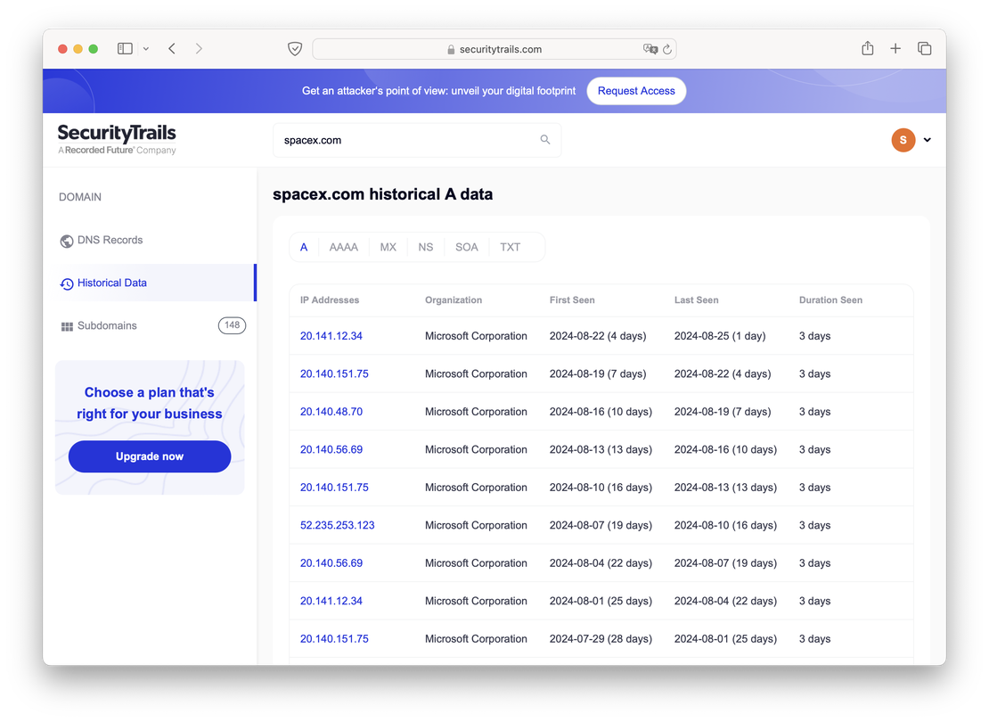 A records for spacex.com in SecurityTrails, 1