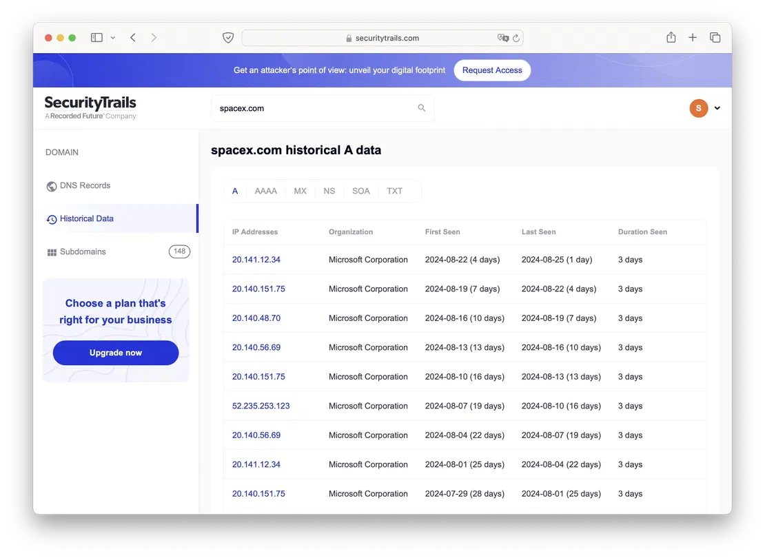 A records for spacex.com in SecurityTrails, 1