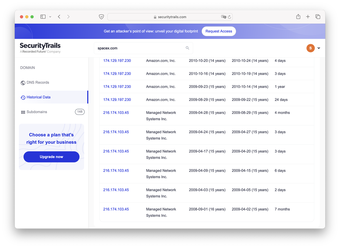 A records for spacex.com in SecurityTrails, 2