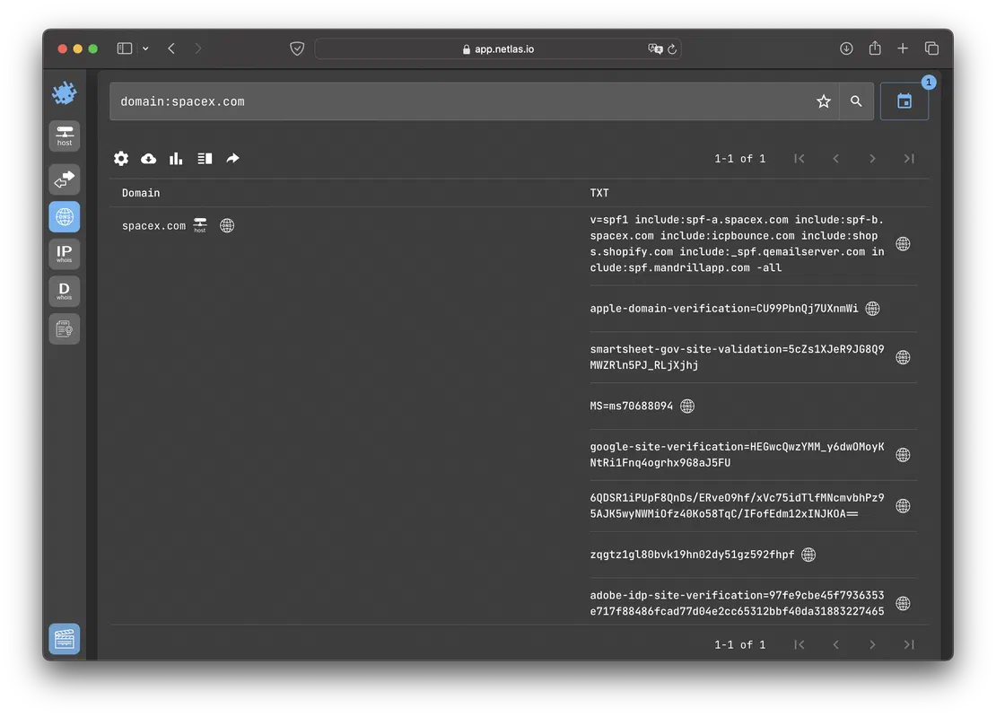 Records for spacex.com in Netlas (2022)
